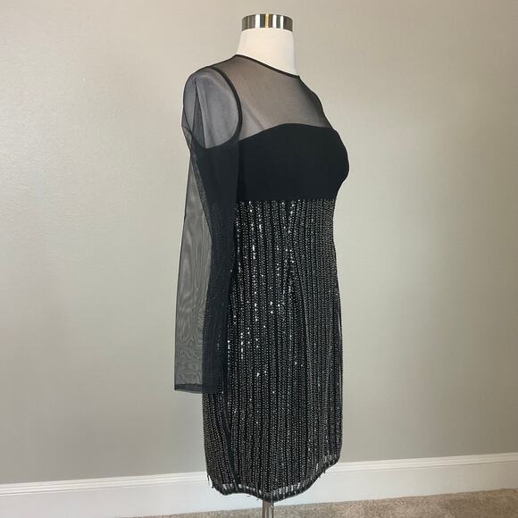 Aidan Mattox Beaded Long Sleeve Mini Sheath Cocktail Dress Black Size 4 - Picture 3 of 12
